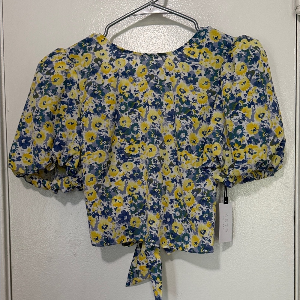 Astr Yellow and Blue Floral Puff Sleeve Blouse